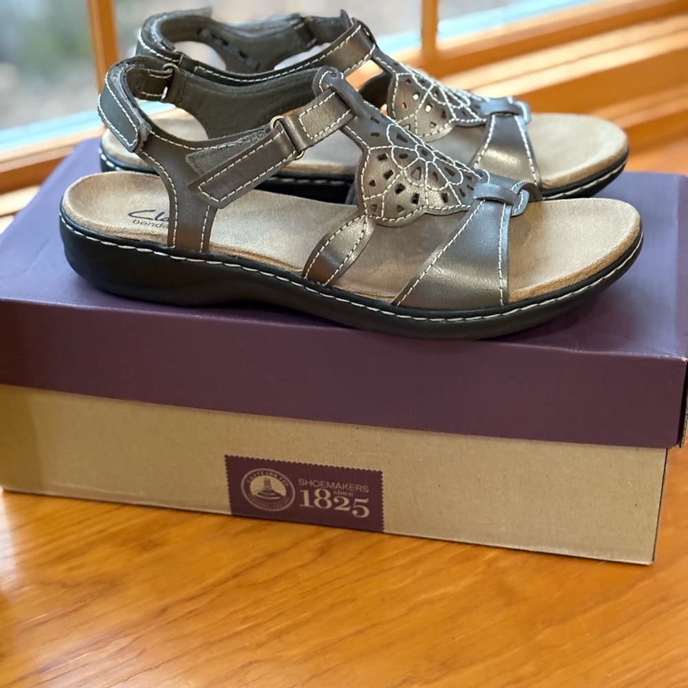 New with box-Clarks pewter Sandals with Ankle Strap and Flat Sole